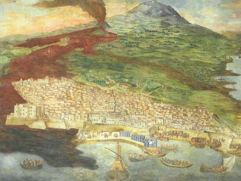 1612-Giacinto Platania, Catania raggiunta dalle colate laviche dell'eruzione dell'Etna del 1669 -l Duomo di Catania
